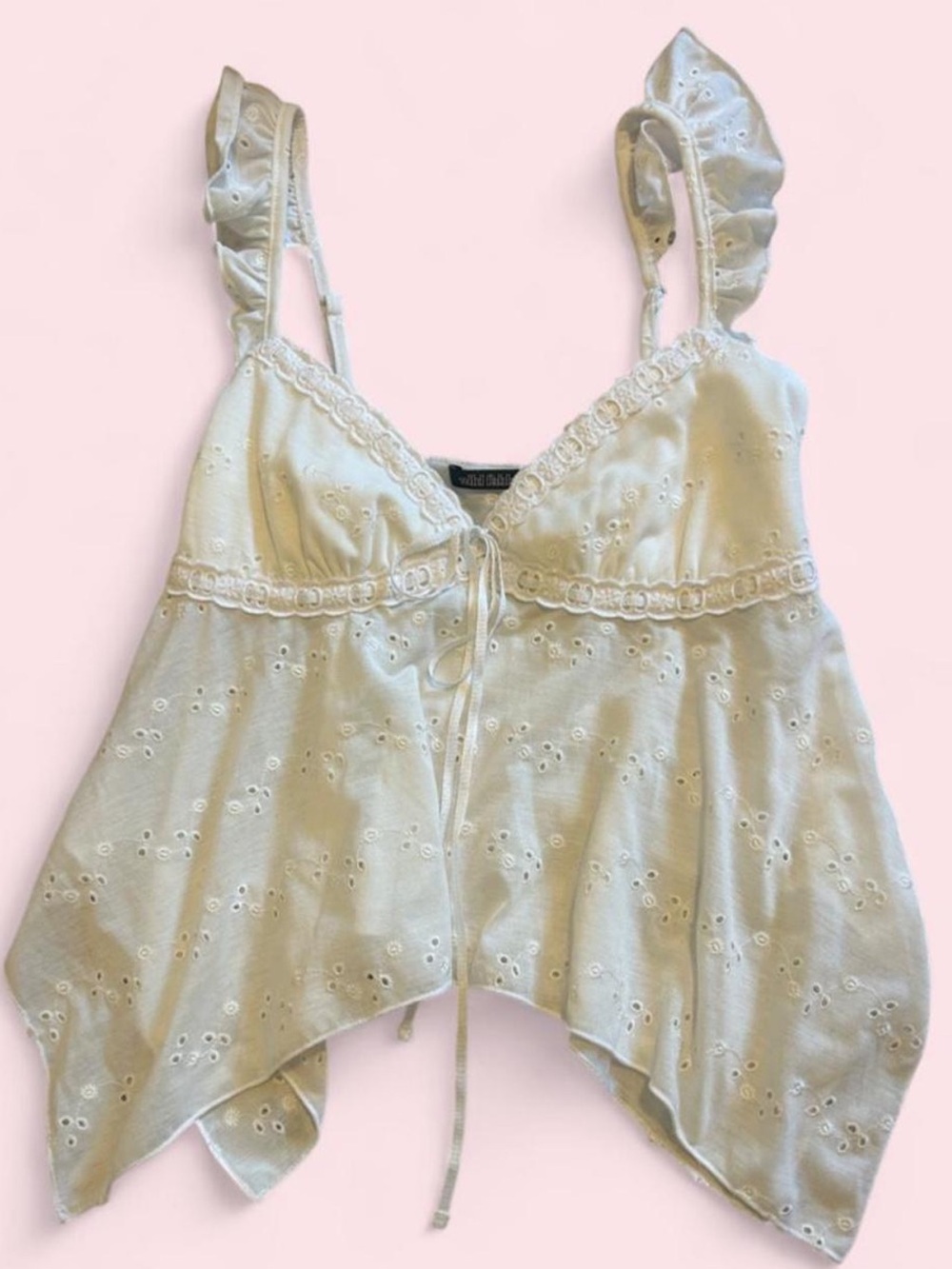 Boho Eyelet Ruffle Tie-Front Tank Top - White